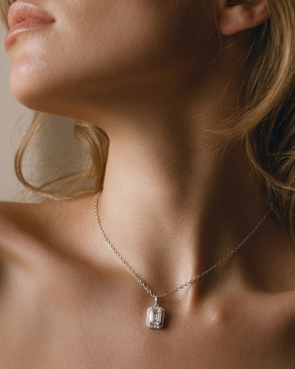 Moissanite Emerald Cut Halo Pendant Necklace