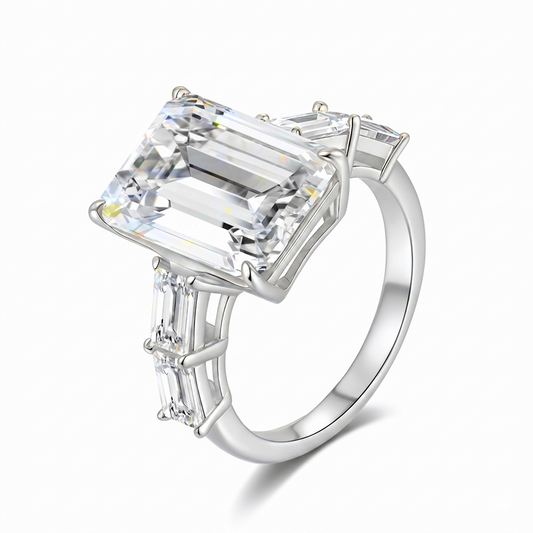 Moissanite Large Carat Emerald Cut with Tapered Accents Ring