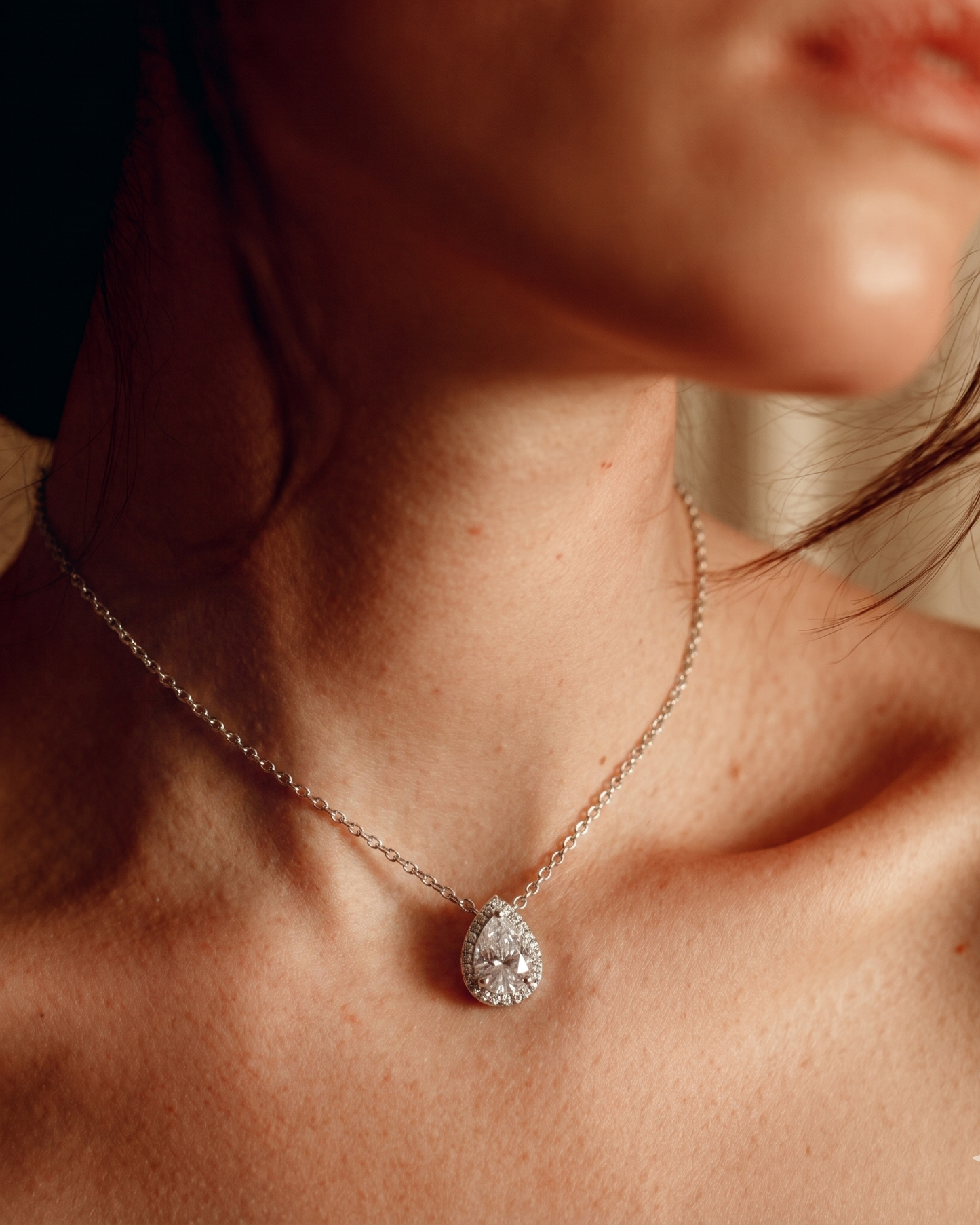 Moissanite Pear Cut Halo Necklace